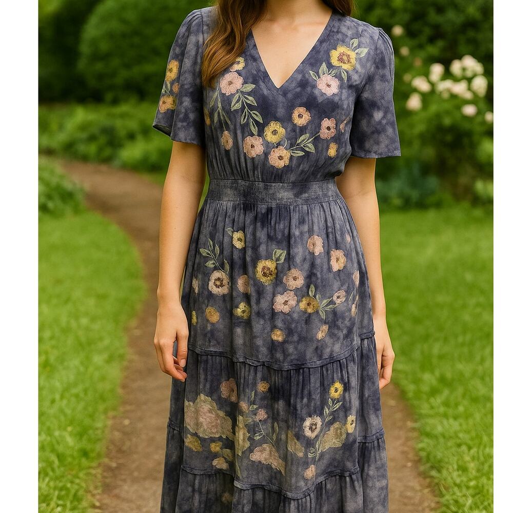 Savanna Jane Embroidered Maxi Dress Womens Small Blue Floral Cottagecore Boho